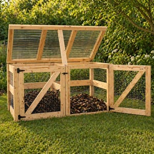 May include: A wooden compost bin with a hinged lid and doors, set in a grassy garden. The bin has a clear, corrugated plastic roof and wire mesh sides. The doors are open, revealing a pile of compost.