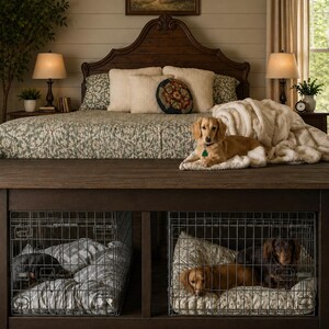 May include: A bedroom scene with a dark wood bed and floral bedding. Two lamps flank the bed. Below, a dark wood dog crate houses three dogs. One dog rests on the bed, with a blanket draped over it.
