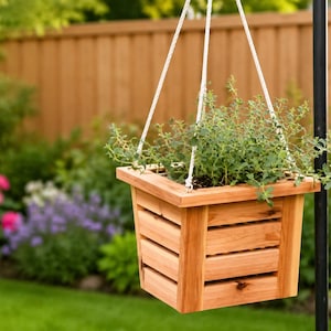 May include: A hanging wooden planter box filled with green plants. The square planter is made of light brown wood and suspended by white ropes. The background features a lush garden with various flowers and a wooden fence.