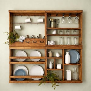 May include: A rustic, wooden wall-mounted kitchen cabinet with multiple shelves and compartments. It features hanging mugs, wine glasses, plates, and various kitchenware. The cabinet is stained a warm brown and has a vintage aesthetic.