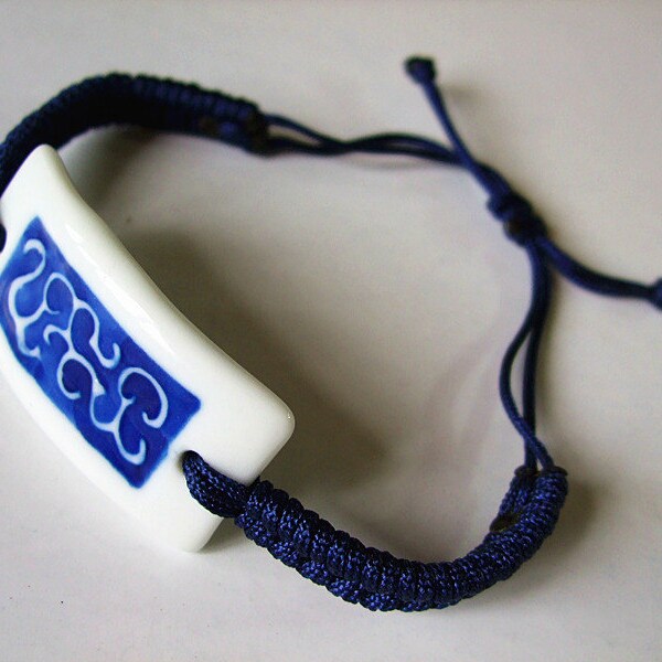 Ceramic jewelry, handbraided dark blue wristband, rolled grass pattern china piece, broken china jewelry