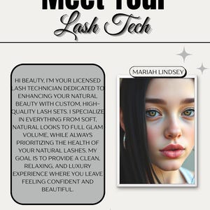 May include: Image promoting lash technician services. Text reads "Meet Your Lash Tech." Includes a portrait of Mariah Lindsey and a description of services, including custom lash sets and natural beauty enhancement.