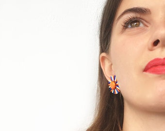 Boucles d'oreilles Petits Soleils, fils recyclés multicolores, tige à poussoir ou à clip