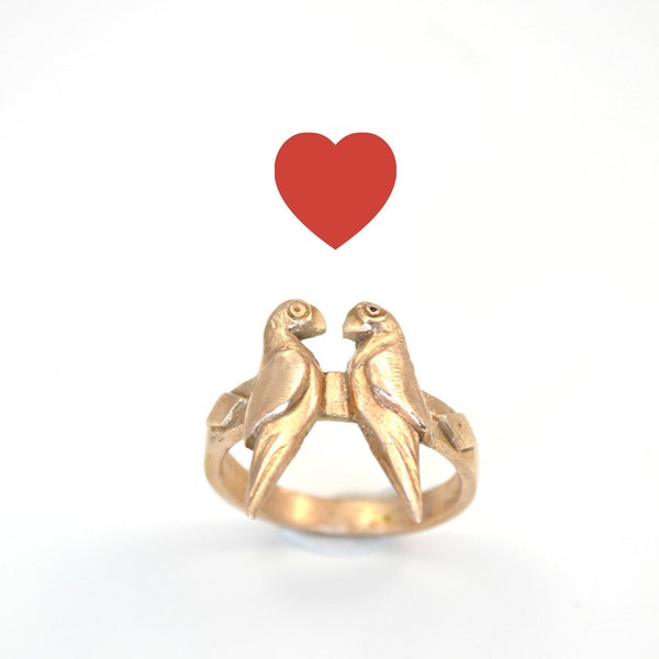 Bague en bronze doré massif sculpté à la main Love birds Amour