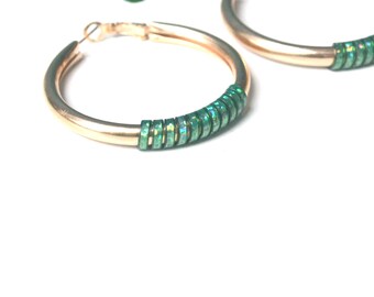 Green Gold Plated loops Earrings KISS metallic green hand tinted vinyl thread Hight Quality