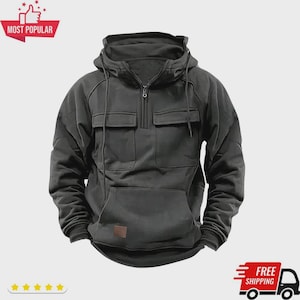 Men’s Autumn Winter Solid Hoodie – Multi-Pocket Fleece Streetwear Pullover image 1
