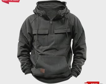 Felpa con cappuccio da uomo tinta unita autunno/inverno – Pullover streetwear in pile con multitasche