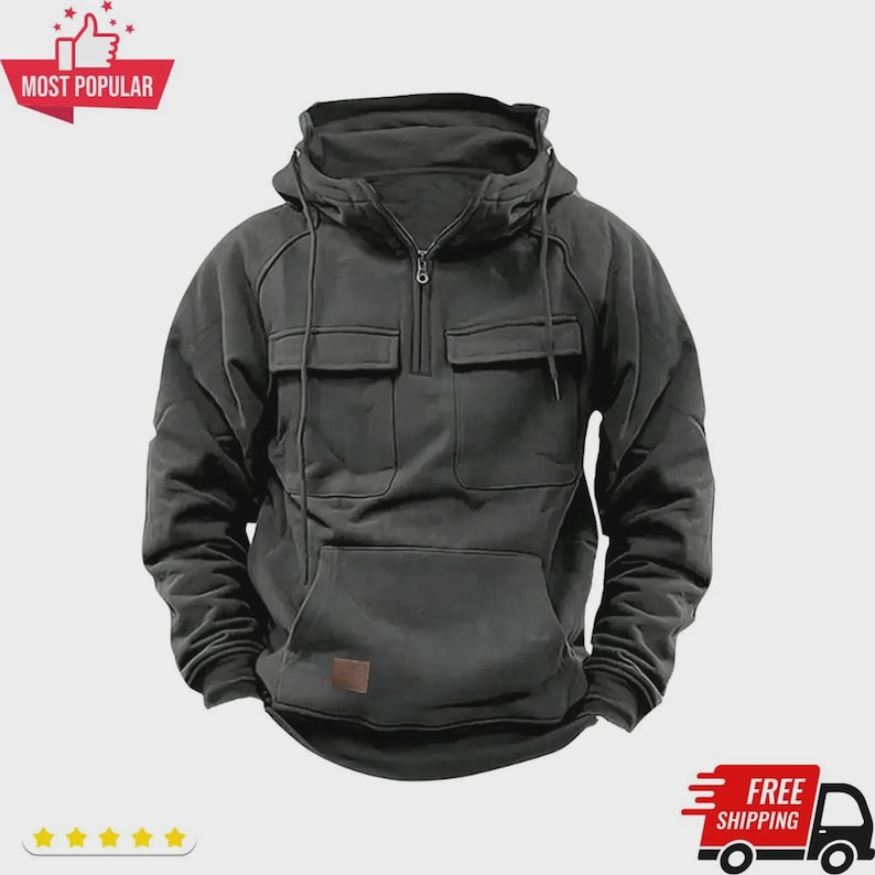 Men’s Autumn Winter Solid Hoodie – Multi-Pocket Fleece Streetwear Pullover image 1