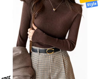 Women’s Mock Neck Knit Sweater – Slim Fit Korean Style Pullover for Winter Fashion