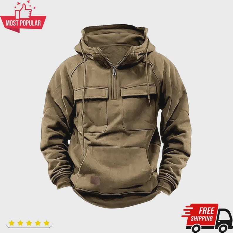 May include: A brown hooded sweatshirt with a half-zip closure, two front pockets, and a kangaroo pocket. The sweatshirt has a small brown patch near the bottom and a drawstring hood. The words "MOST POPULAR" are in a red banner.