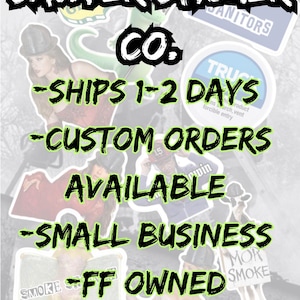 May include: A collection of stickers with various designs, including text that reads "SAWYER STICKER CO." and "SUPPORT YOUR LOCAL ENGINE CO." Other text includes "CUSTOM ORDERS AVAILABLE" and "SMALL BUSINESS FF OWNED."
