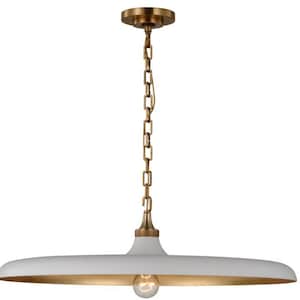 Piatto Medium Pendant Industrial Perfect White & Brass Pendant Light | Dome Ceiling Lamp with Chain Hanging | Farmhouse Lighting Fixture