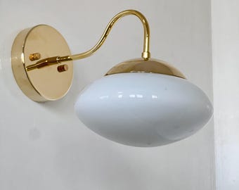 Modern Brass Wall Sconce, Milk Glass Wall Light, Mid Century Bathroom Vanity Light, Vintage Style Bedroom Bedside Lamp, Luxury Wall Fixture