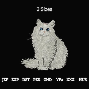 May include: A detailed embroidery design of a fluffy gray cat with bright blue eyes, set against a black background. The text "3 Sizes" is above the cat. Below the cat are file format abbreviations.