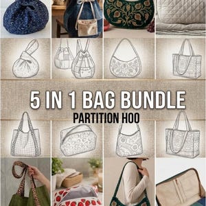 May include: A 5 in 1 bag bundle featuring various styles including a blue knot bag, a denim backpack, a green embroidered crescent bag, a quilted beige bag, a green plaid tote, a strawberry print pouch, and a zippered organiser case.