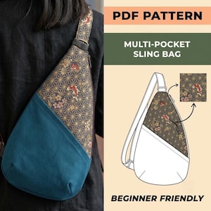 May include: A multi-pocket sling bag PDF pattern featuring a dark fabric with a gold geometric pattern and koi fish print, combined with a solid teal section. The design includes a shoulder strap and a line drawing illustration of the bag.