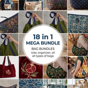 May include: A collection of various bags including totes, backpacks, and organizers featuring diverse patterns like floral embroidery, pomegranate motifs, and geometric prints, with text reading 18 in 1 MEGA BUNDLE BAG BUNDLES tote, organizer, all all types of bags.