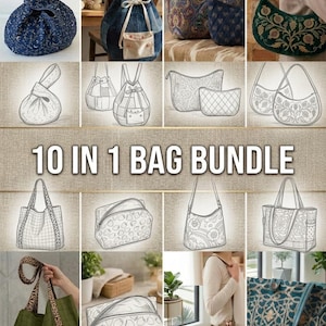 May include: A digital collection of 10 in 1 bag bundle patterns featuring various styles including knot bags, backpacks, pouches, and shoulder bags. The image displays finished fabric bags alongside their corresponding line art sketches.