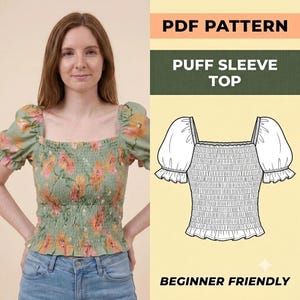 Puff Sleeve Top PDF Sewing Pattern Smocked Square Neck Blouse Size XXS-5XL Digital Download