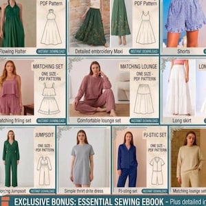 May include: A collection of sewing patterns featuring various garments including a green halter dress, embroidered maxi skirt, blue gingham shorts, matching lounge sets, a white long skirt, a green jumpsuit, a gray t-shirt dress, and pajamas.