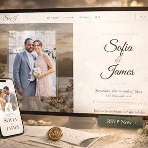 May include: A computer monitor and smartphone display a wedding website with the names "Sofia & James." The website features a photo of the couple and details about their wedding. A gold wax seal and stationery are on the table.