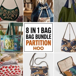 8-i-1-väska sömnadsmönster PDF Canvas shoppingväska Bundle Tote Ryggsäck Hobo Nybörjare Nedladdning