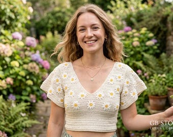 Daisy Häkeltop PDF, Boho Sommer Crop Top Anleitung, Anfänger freundliches Häkelmuster, Handgemachte Blumen Top, sofortiger Download