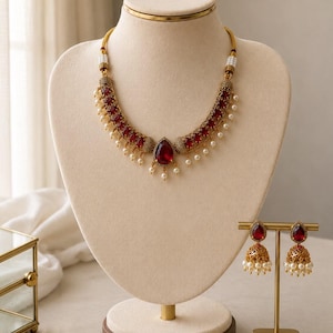 Ruby Red Bridal Choker Necklace Set, Pearl Drops, Gold Tone Kundan Style Earrings