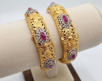 Bracelets joncs en filigrane d'or avec pierre rouge, ensemble churi de mariée indienne pakistanaise, bijoux de mariage traditionnels, bracelet Kada tendance pour femme