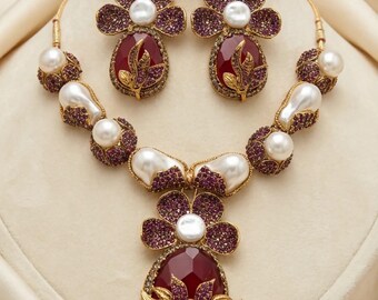 Red Stone Floral Jewelry Set, Gold Statement Necklace Earrings Set, Pearl Bridal Jewelry, Pakistani Wedding Jewelry, Luxury Gift for Women