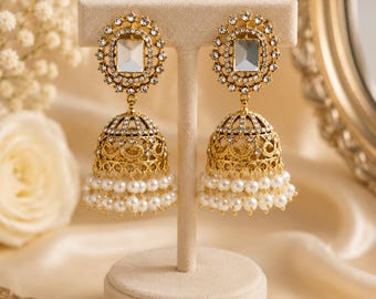 Gold Kundan Perle Jhumka Ohrringe | Quadratischer Kristall-Brautschmuck
