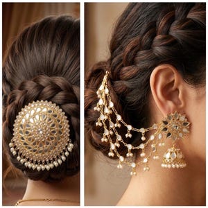 May include: A close-up of a woman's hair styled in a braid, adorned with gold and pearl hair accessories. The accessories include a round hair clip and dangling earrings with a floral design, mirrors, and pearls. The jewelry is gold-toned.