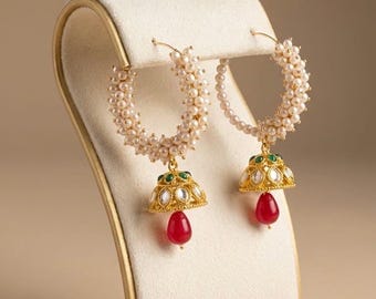 Gold Pearl Hoop Jhumka Earrings with Red Drop, Traditional Ethnic Jewelry