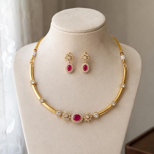 Gold Tone Ruby Red CZ Necklace Set | Traditional Indian Bridal Jewelry