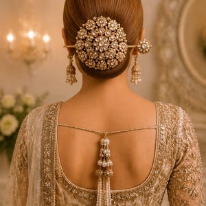 May include: A gold hair accessory featuring a large circular floral-patterned piece with embedded clear stones, a matching pin, and two dangling bell-shaped charms. A long, multi-strand pearl tassel hangs from the back of the gold-embroidered blouse.