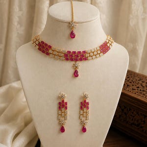 Fuchsia Ruby Tone Choker Necklace Set with Earrings, Maang Tikka | Gold Tone Bridal Jewellery