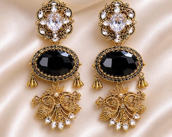 Vintage Style Gold Black Crystal Baroque Drop Earrings | Antique Bridal Boho Luxury Jewelry
