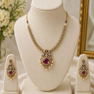 Traditional Indian Gold Necklace Earrings Set, Ruby Pearl Pendant, Ethnic Wedding Jewelry