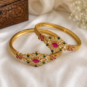 Traditional Indian Gold Tone Kundan Bangles Pair | Ruby Green Stone Bridal Kada Set
