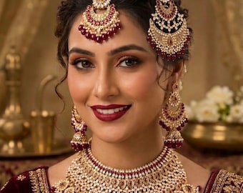 Maroon Kundan Bridal Jewelry Set, Gold Pearl Choker Necklace, Jhumka Earrings, Maang Tikka
