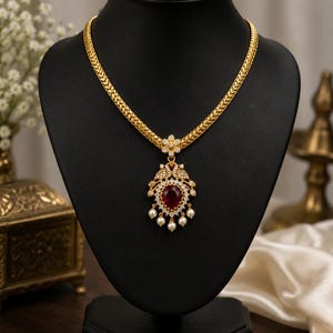 Turkish Gold Plated Pendant Necklace, Ruby Red Crystal, Faux Pearl Drops