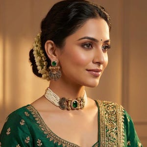 May include: A woman wearing a gold-toned necklace and earrings set with green gemstones. The necklace is a choker style with a central rectangular green stone. The earrings have a similar design. She is wearing a green blouse with gold embroidery.