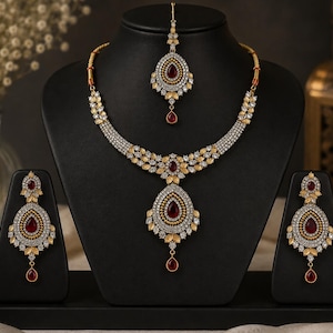 Ruby Red Bridal Necklace Set, CZ Choker, Indian Wedding Jewelry, Maang Tikka Earrings