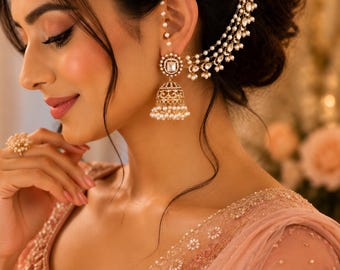 Pearl Jhumka Earrings with Hair Chain | Gold Polki Style Bridal Jewelry