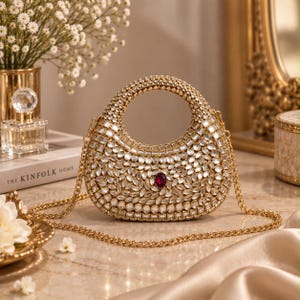 May include: A gold-toned crescent-shaped handbag featuring an intricate exterior covered in clear, faceted crystals and a single prominent oval-shaped deep red gemstone at the centre. The bag includes a circular top handle and a thin gold chain strap.