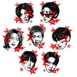 May include: A collection of seven black and white portraits of young individuals arranged in a circular pattern, each accented with vibrant red star-shaped graphics and small red lightning bolt icons surrounding their faces.
