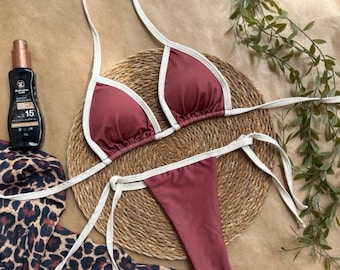 Brazil brown and cream adjustable thong bikini