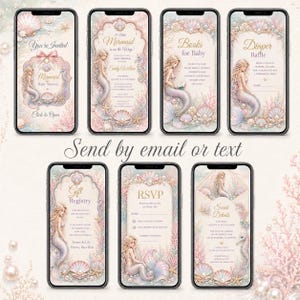 May include: Seven smartphone screens displaying digital baby shower invitations with a mermaid theme. The designs feature pastel-colored illustrations of mermaids, seashells, pearls, and coral, with text including You're Invited, Books for Baby, and RSVP.