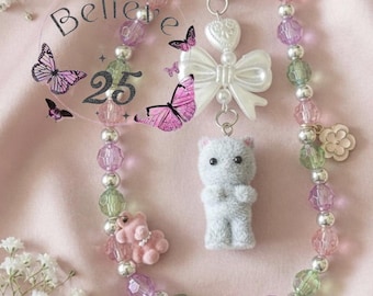 Pastel Pink Bear Strawberry Phone Chain, Coquette Beaded Wristlet (Handmade)