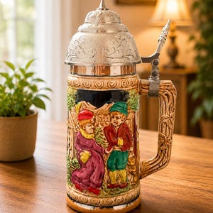 May include: A ceramic beer stein featuring a relief design of two figures in colorful clothing, a metallic hinged lid with intricate embossed patterns, and a textured handle shaped like a tree branch with leaves, standing on a flat base.